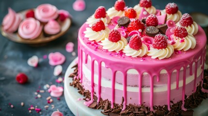   A tight shot of a cake on a plate, adorned with raspberries and chocolate atop