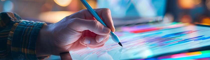 A creative professional sketching digital art on a tablet, the bright screen highlighting their focused expression