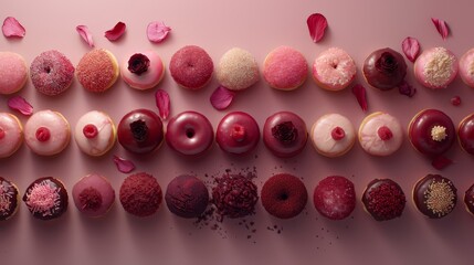   A row of doughnuts, each unique, sits atop a pink surface Rose petals surround them