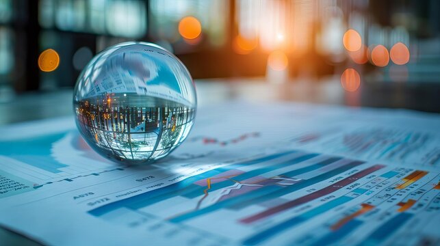 A creative shot of financial reports next to a crystal ball, emphasizing forecasting performance
