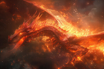  Red dragon, with fiery scales, soaring through the sky, in a fantasy world, with a cinematic. Created with Ai