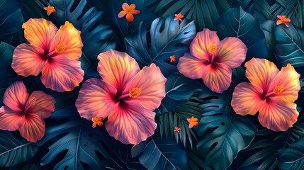 Fototapeta premium Vibrant Pink Hibiscus Blossoms Amidst Tropical Foliage