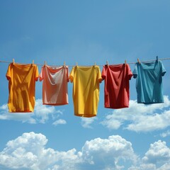 Men's clothes hanging on a clothesline against a background of white walls and blue sky, drying process after washing, clothesline for t-shirts, trousers, socks and suits