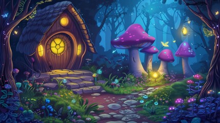 Enchanted forest cabin at night