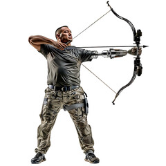 A disabled athlete with a prosthetic arm holding bow on transparent background. Para archery. Paralympic and parasport concept. Full body view for set, poster, element for design 