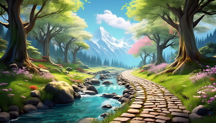 Fantasy landscape with forest river and mountain background at distance
