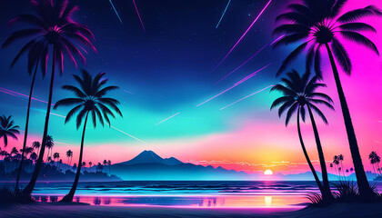Beautiful beach at sunset in bright colors with copy space