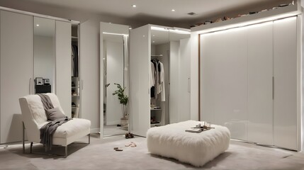 modern minimalist dressing room with led strips lights. side view