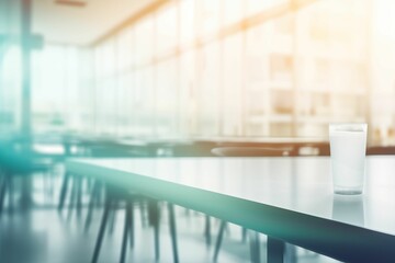 Fototapeta premium Background of a modern office interior with panoramic windows and glass walls. Abstract background for design use. A modern business or coffee shop, cafe with a blurry background. Generative ai