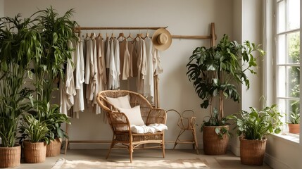 aesthetic modern dressing room with rattan chair, clothes and plants. close up