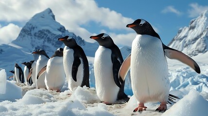 Fototapeta premium Arctic Refuge: A Colony of Penguins Huddling Together on a Snowy Shore