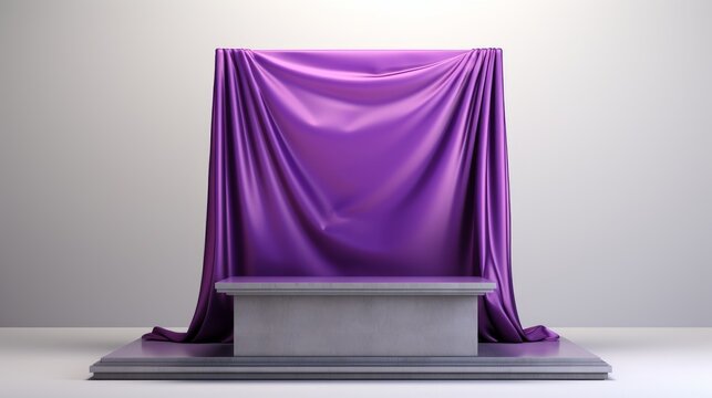 A draped purple silk cloth covers an unseen item on a display podium, suggesting an unveiling event
