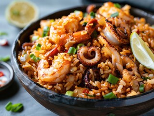 Delicious fried rice with squid or octopus. Tasty seafood in every bite! 