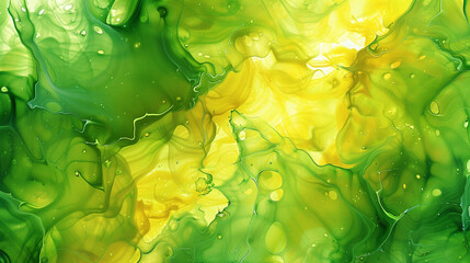 Electric lime green and yellow abstract, zesty alcohol ink design with explosive oil paint details.