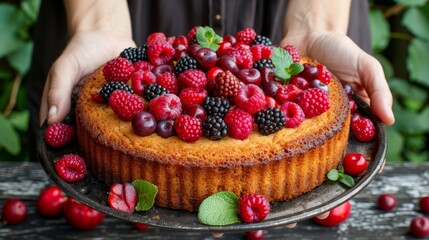   A tight shot of an individual's hands holding a cake adorned with berries and raspberries atop
