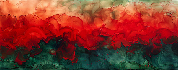 Fiery red and midnight green alcohol ink art, with a modern oil paint textured finish.