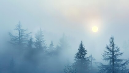 A foggy morning mist with faint trees and a rising sun, representing calm and serenity