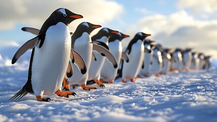 Frosty Commute: A Colony of Penguins Waddling Across Icy Terrain