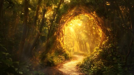  A winding forest path disappearing into a tunnel of trees, with shafts of golden light piercing...
