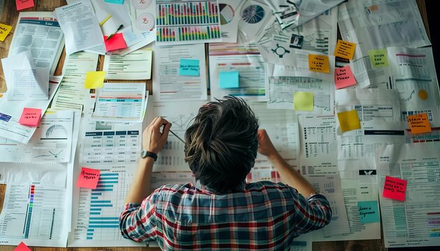 A focused executive summarizing insights from multiple market research documents spread across a large table