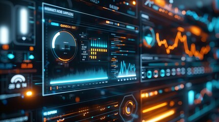 Obraz premium A futuristic digital dashboard with glowing data visualizations, all against a deep black background