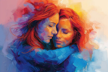  A couple embracing in an embrace, vibrant colors of blue and red, against the backdrop of a wall painted with abstract shapes. Created with Ai