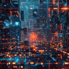 Obraz premium Cyberspace data transfer technology background colorful connectivity lines across circuit board, modern progress computer software abstract style