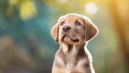 Close up of a cute Labrador puppy looking up on blurred outdoor background with copy space