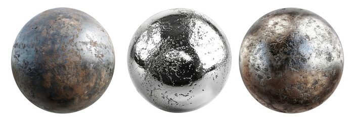 Three metal spheres isolated on transparent background