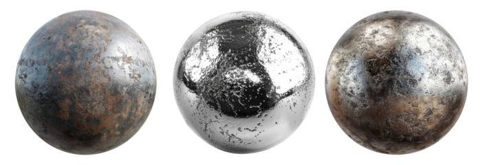 Three metal spheres isolated on transparent background