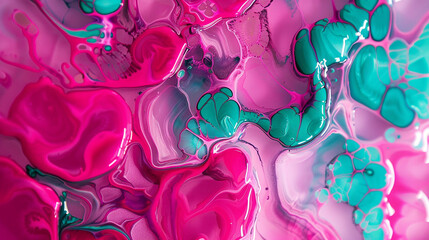 Highly-detailed oil paint abstract in fuchsia pink and cool teal, alcohol ink design.