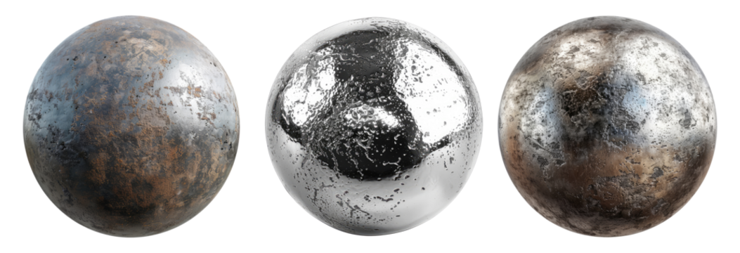 Three metal spheres isolated on transparent background