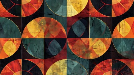Fototapeta premium A geometric pattern of concentric circles and triangles in bold jewel tones, giving a retro feel