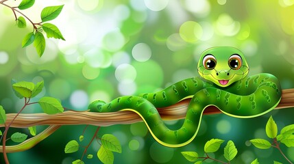 A cute green snake cartoon is shown perched on a branch.