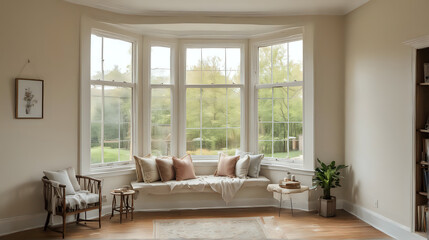 modern luxury empty room with sofa, pillow, big window and chair. selective focus