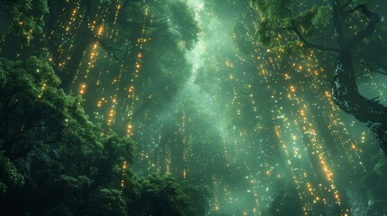 Obraz premium imaginative scene blending elements of nature with quantum computing, like a forest with data streams and glowing qubits, in a surreal style