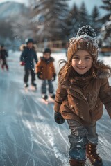 Cheerful little girl skiing,  kids skating