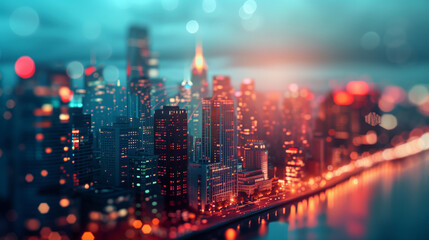 As twilight upon the cityscape, soft focus lights paint a dreamy glow across the skyline, transforming the urban landscape into a mesmerizing tapestry of hues