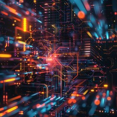 Obraz premium Cyberspace data transfer technology background colorful connectivity lines across circuit board, modern progress computer software abstract style