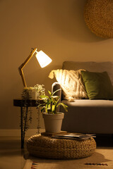 Stylish grey sofa with pillows, lamp and houseplants near beige wall at night