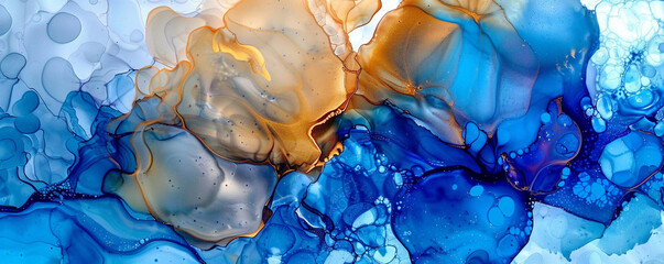 Modern abstract in shades of cobalt blue and amber, alcohol ink with textured oil paint.