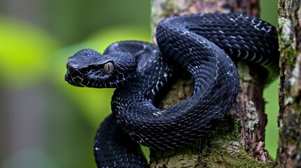 Fototapeta premium A magnificent aggressive black tree viper, with its mouth open in a sinister manner, is depicted wrapped around a tree trunk.