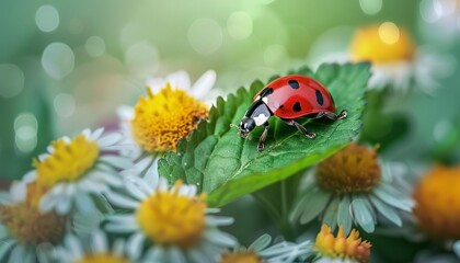 Naklejka premium A macro image of a ladybug crawling along a fresh green leaf surrounded by spring flowers