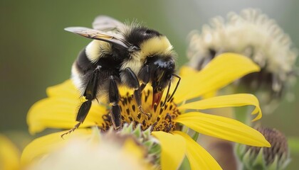 A macro view of a bumblebee perched on a sunflower, gathering nectar amidst spring blooms