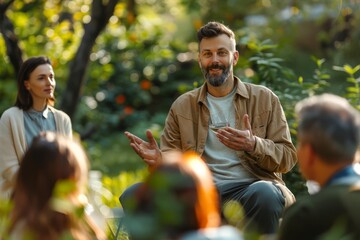 A manager leading a morning briefing outside in nature, inspiring the team while surrounded by a serene environment