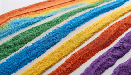 Obraz premium Close up of stripes of rainbow coloured sand and copy space on white background