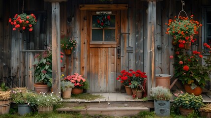 Fototapeta premium Charming Home Entrance Adorned with Colorful Flowers