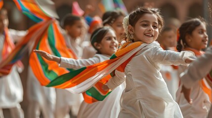 Joyful Indian Children Celebrating with Colorful Scarves at Cultural Festival