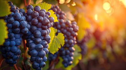 Ripe bunches of grapes in vineyard