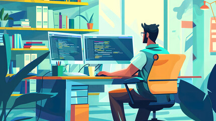 Flat illustration of a software developer coding on a computer in an home office setup. Work from home or remote work concept